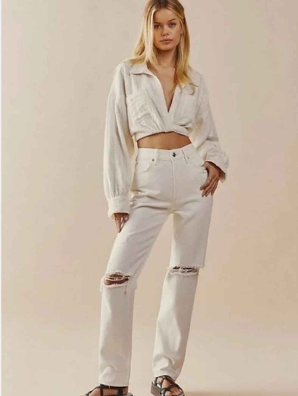 Free People Distressed White Lasso Jeans
